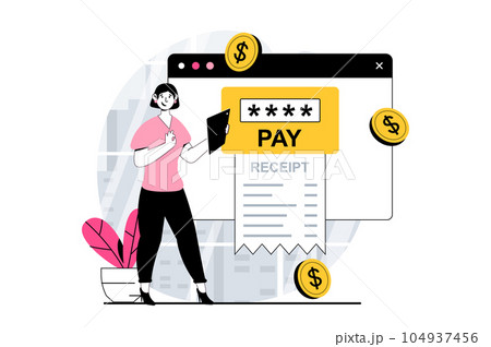 Electronic receipt concept with people scene in flat design for web. Woman receiving digital check at webpage and making online pay. Vector illustration for social media banner, marketing material. Electronic receipt concept with people scene in flat design for web. Woman receiving digital check at webpage and making online pay. Vector illustration for social media banner, marketing material. 104937456