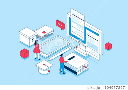 Modern education concept in 3d isometric design. People learning at digital classroom, reading e-books, watching webinars and video lectures. Illustration with isometry scene for web graphic Modern education concept in 3d isometric design. People learning at digital classroom, reading e-books, watching webinars and video lectures. Illustration with isometry scene for web graphic 104937897