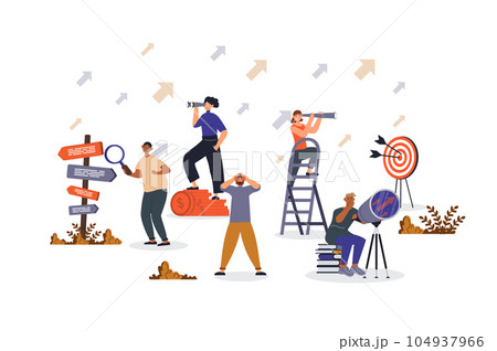 Search for opportunities concept with character scene for web. Women and men with binoculars or spyglasse looking targets. People situation in flat design. Vector illustration for marketing material. Search for opportunities concept with character scene for web. Women and men with binoculars or spyglasse looking targets. People situation in flat design. Vector illustration for marketing material. 104937966