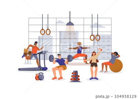 Fitness training concept with character scene for web. Women and men do yoga, lifting barbell, running treadmill in gym. People situation in flat design. Vector illustration for marketing material. 104938129