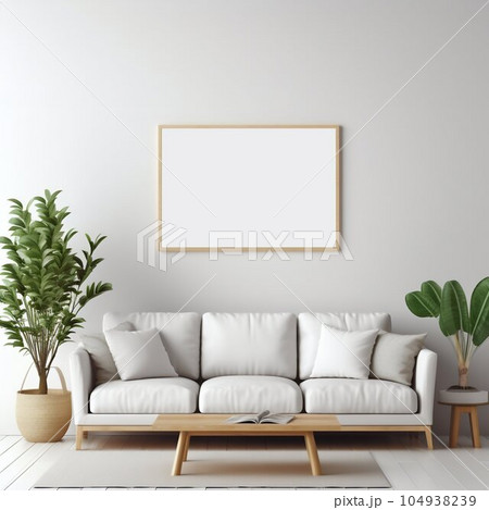 Blank Poster Frame Sitting on Top of a Sofa in Living Room Interior. Generative ai Blank Poster Frame Sitting on Top of a Sofa in Living Room Interior. Generative ai 104938239