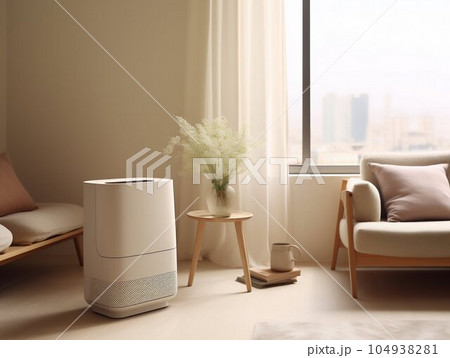 Air Purifier in a Minimalist Style Soft Light Living Room Interior. Generative ai 104938281