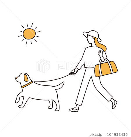 太陽を浴びて散歩する女性と犬 太陽を浴びて散歩する女性と犬 104938436