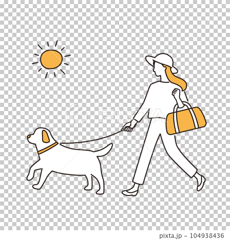 Woman and dog taking a walk in the sun Woman and dog taking a walk in the sun 104938436