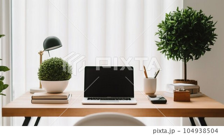 Minimalist Workspace Interior with Free Desk, Single Laptop, and Potted Plant. Generative ai 104938504