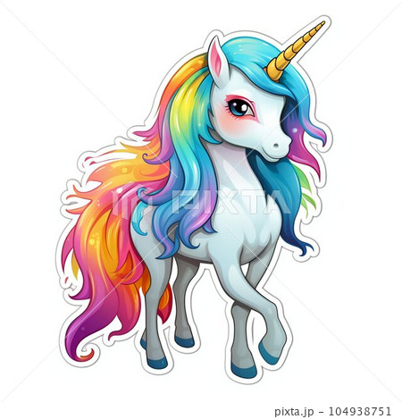Colorful Rainbow Unicorn Sticker on White Background. Generative ai 104938751