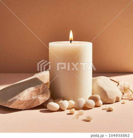 White Candle on a Clean Light Beige Minimal Background with Stones. Generative ai 104938862