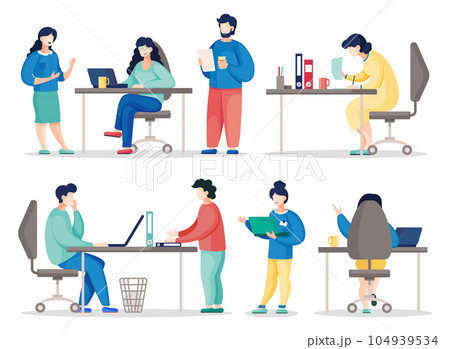 Flat vector illustration of busy people in the office, colleagues communicating during the work 104939534