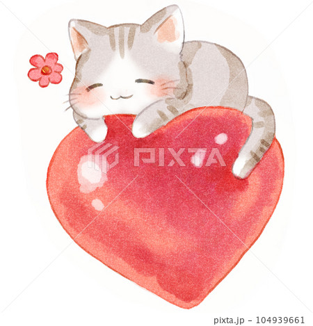 Sweet Illustration of a Cute Cat Sleeping on a Heart Sweet Illustration of a Cute Cat Sleeping on a Heart 104939661