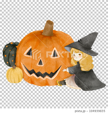 Creepy and Cute Watercolour Illustration | Girl Witch with Halloween Pumpkin Creepy and Cute Watercolour Illustration | Girl Witch with Halloween Pumpkin 104939835