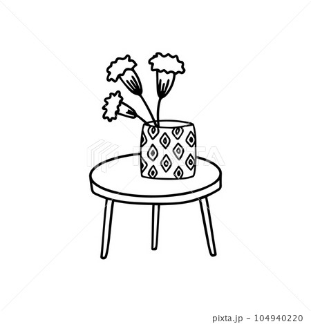Flowers in a vase on the table doodle hand drawn outline icon or symbol. Decorative flowers house plant sketch. Isolated vector illustration 104940220
