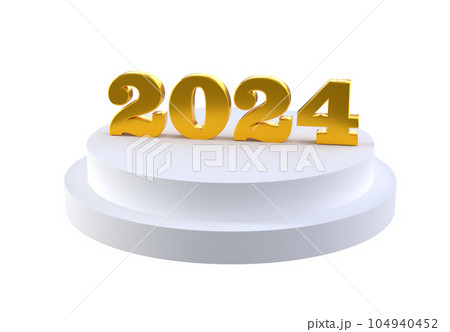 Happy New Year 2024 with shiny 3D golden numbers on white podium with clipping path. Holiday gold celebration design. Premium element for posters, banners, calendar and greeting card 104940452