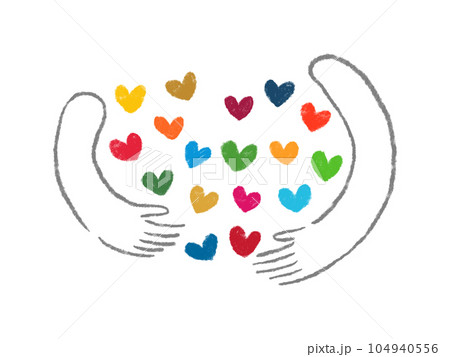 手でSDGsカラーのハートを包むイメージ、シンプルな色鉛筆の手描きイラスト 手でSDGsカラーのハートを包むイメージ、シンプルな色鉛筆の手描きイラスト 104940556