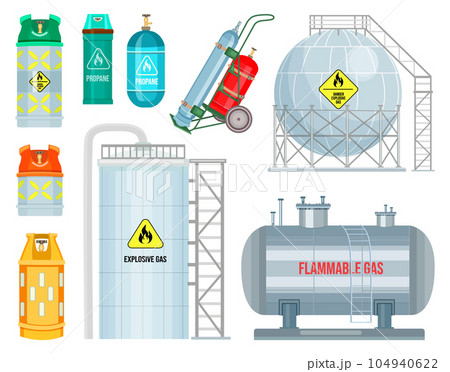 Collection of gas constructions, reservoirs, balloons, tanks, danger explosive gas, warning sign Collection of gas constructions, reservoirs, balloons, tanks, danger explosive gas, warning sign 104940622
