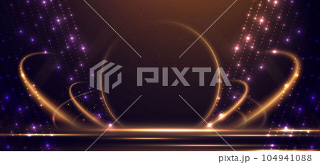 Elegant golden scene circle glowing with lighting effect sparkle and bokeh on brown background. Template premium award design. Elegant golden scene circle glowing with lighting effect sparkle and bokeh on brown background. Template premium award design. 104941088