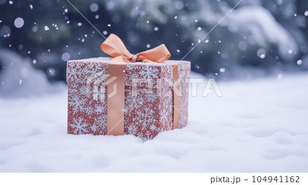 Christmas holiday gift and present, gift box in the snow in snowfall winter countryside nature for boxing day, holidays shopping sale Christmas holiday gift and present, gift box in the snow in snowfall winter countryside nature for boxing day, holidays shopping sale 104941162