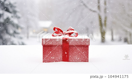 Christmas holiday gift and present, gift box in the snow in snowfall winter countryside nature for boxing day, holidays shopping sale 104941175
