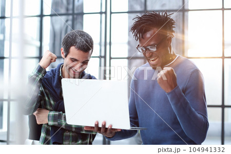 Business people talking near glass wall in office Business people talking near glass wall in office 104941332