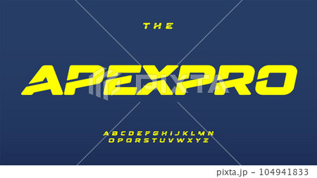 Speed sport alphabet, bold angled and italic letters with dynamic cutout for movement game logo, racing headline. Powerful and determined contemporary typography. Vector font 104941833