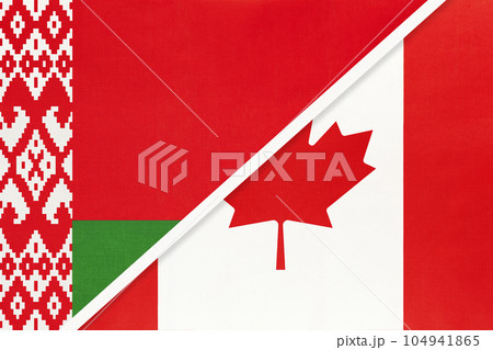 Belarus and Canada, symbol of country. Belarusian vs Canadian national flags. Belarus and Canada, symbol of country. Belarusian vs Canadian national flags. 104941865