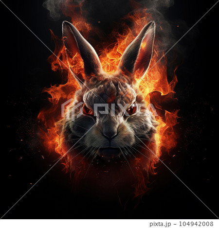 Image of angry rabbit face and flames on dark background. Wildlife Animals. Illustration, Generative AI. 104942008
