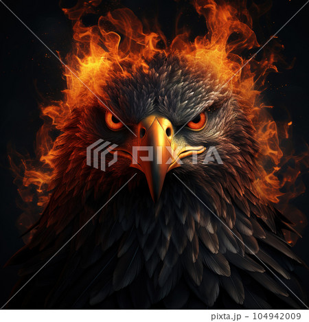 Image of angry an eagle face and flames on dark background. Wildlife Animals. Illustration, Generative AI. 104942009