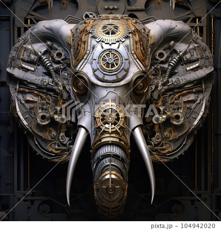Image of an elephant face made with steel and various metals on clean background. Wildlife Animals. Illustration, Generative AI. 104942020