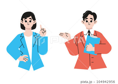 Modern employee, man and woman, trendy creative office worker giving a presentation. Flat vector illustration isolated on white background.	 104942956