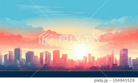 夕暮れ時の大都市の景観イラスト　AI画像 104943529