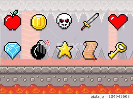 Pixel art game scene of dungeon with lava and valuable prizes important to the player, object symbol Pixel art game scene of dungeon with lava and valuable prizes important to the player, object symbol 104943608