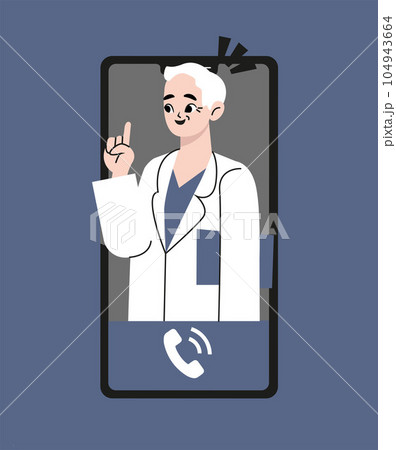 Online doctor medical consultation vector illustration. Cartoon flat human hand with smartphone with therapist character videocalling on the screen. Online medical advice consultation service concept. 104943664