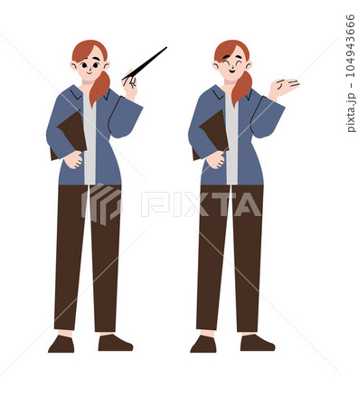 Female young teacher in casual clothes at blackboard with folder and copy space showing something using pointer stick isolated vector illustration Female young teacher in casual clothes at blackboard with folder and copy space showing something using pointer stick isolated vector illustration 104943666