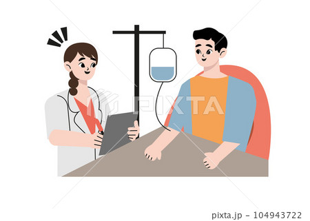 Doctor check patient health condition. Doctors treating the patient, Hospitalization of the patient. Doctor's visit to ward of patient man lying in a medical bed. Vector illustration in a flat style	 104943722