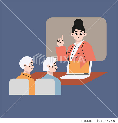 Old people use internet. Modern senior people with laptop. Oldster computer education. Progressive grandparants use notebook to order, pay or buy online. Elderly couple learning to use PC.	 104943730