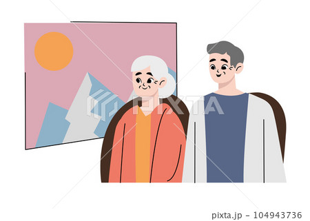 An elderly couple is on a train. looking at the landscape in public transport. Retirees and travel. Flat style. Vector illustration isolated on white. An elderly couple is on a train. looking at the landscape in public transport. Retirees and travel. Flat style. Vector illustration isolated on white. 104943736