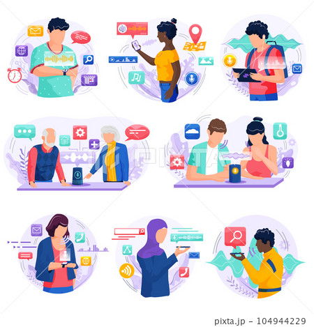 People using voice control for their phones. Illustration of voice remote with character and phone People using voice control for their phones. Illustration of voice remote with character and phone 104944229