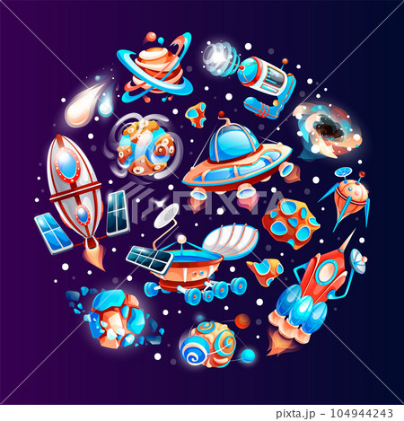 Space game elements. Outer space objects symbols and design elements spaceships planets meteorites 104944243