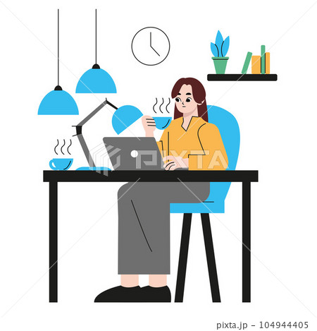 Home office concept, woman working from home, student or freelancer. Cute vector illustration in flat style Home office concept, woman working from home, student or freelancer. Cute vector illustration in flat style 104944405