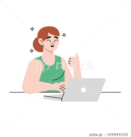 Smiling woman working on computer show thumb recommending online services. Happy female client give recommendation to laptop app. Customer feedback. Flat style vector design illustration	 104944529