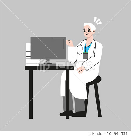 Aged man doctor in a white uniform sits at her desk and gives online health consultations via the Internet. The concept of online medicine. A remote consultation by a doctor to a sick person. Flat Aged man doctor in a white uniform sits at her desk and gives online health consultations via the Internet. The concept of online medicine. A remote consultation by a doctor to a sick person. Flat 104944531
