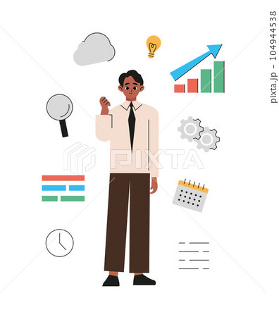 Thinking, idea, success, search, business concept. Young happy smiling businessman guy clerk manager character sitting on light bulb. Creation of idea, problem or trouble solution and brainstorming. Thinking, idea, success, search, business concept. Young happy smiling businessman guy clerk manager character sitting on light bulb. Creation of idea, problem or trouble solution and brainstorming. 104944538