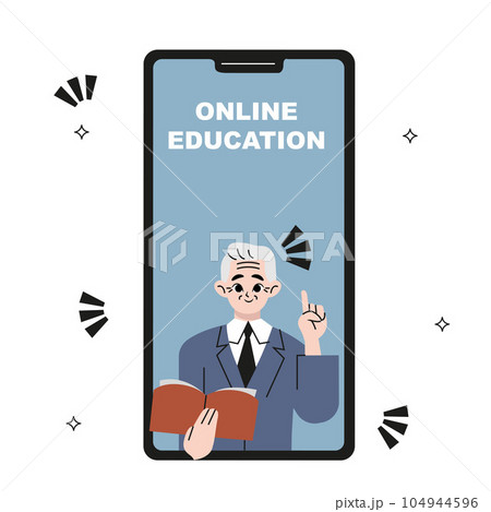 Senior man teaching online. Online education, homeschooling concept, learn from home, safe learning, covid learning, live session, technology in education, recorded session. Flat drawn style vector	 104944596