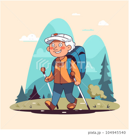 Smiling old woman with trekking poles hiking in...のイラスト素材 [104945540