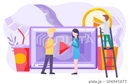 Online cinema, internet streaming. Couple is standing near the screen with video recording 104945877