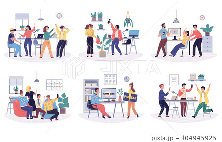 Office colleagues relaxing. Office fun in workplace. Employees of company having fun at working place 104945925