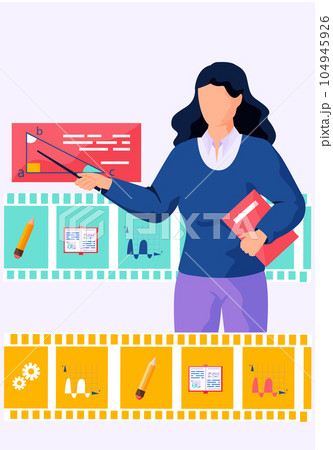 Teacher explains mathematics. A woman lecturer leads a distance lesson algebra and geometry 104945926