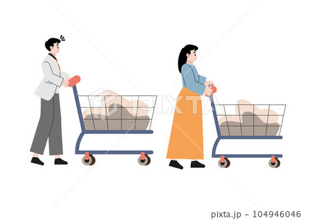 Person pushing shop cart full of bags with groceries. Man and woman walking with shopping trolley. Profile of buyer going with supermarket trolly. Flat vector illustration of shopper isolated on white 104946046