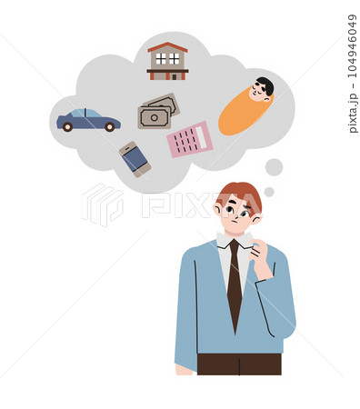 Man dreaming about home, investment, travel, car, phone and baby. Flat vector illustration isolated on white Man dreaming about home, investment, travel, car, phone and baby. Flat vector illustration isolated on white 104946049