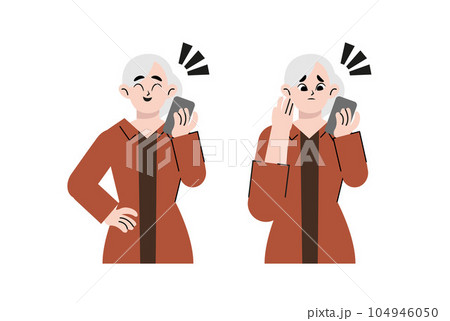Mature people and technologies concept. Happy senior female talking. Frustrated elderly woman looking at smartphone using internet having problems with gadget. Flat vector illustration	 104946050