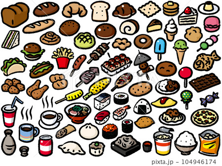 手描き風コミックパーツカラー　色々な食品や料理のセット 104946174